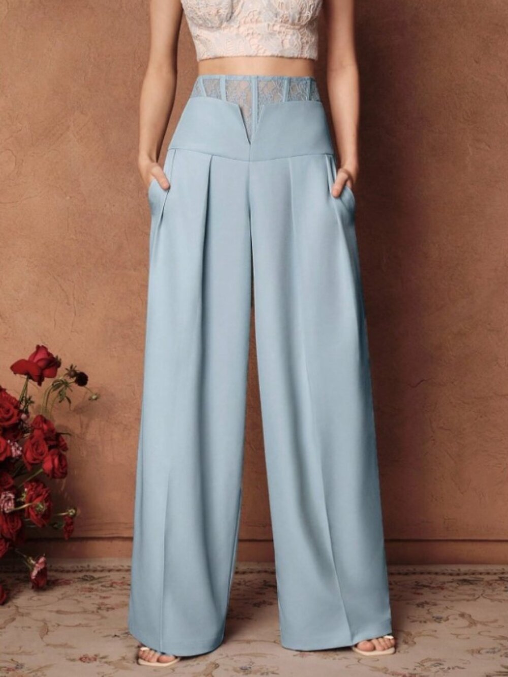 Sexy Chic Blue Lace Patchwork High-Waisted Wide Leg Suit Pants